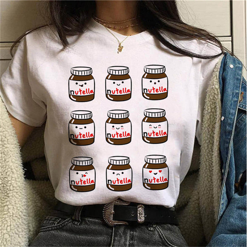 T-Shirt Short Sleeve Cute Cartoon Nutella Peanut Butter Printed Women's Top - Bellarte Enchanté T-Shirt Short Sleeve Cute Cartoon Nutella Peanut Butter Printed Women's Top