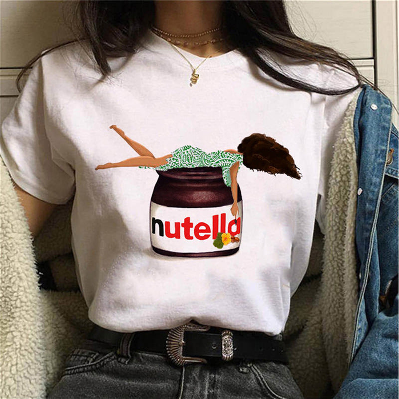 T-Shirt Short Sleeve Cute Cartoon Nutella Peanut Butter Printed Women's Top - Bellarte Enchanté T-Shirt Short Sleeve Cute Cartoon Nutella Peanut Butter Printed Women's Top