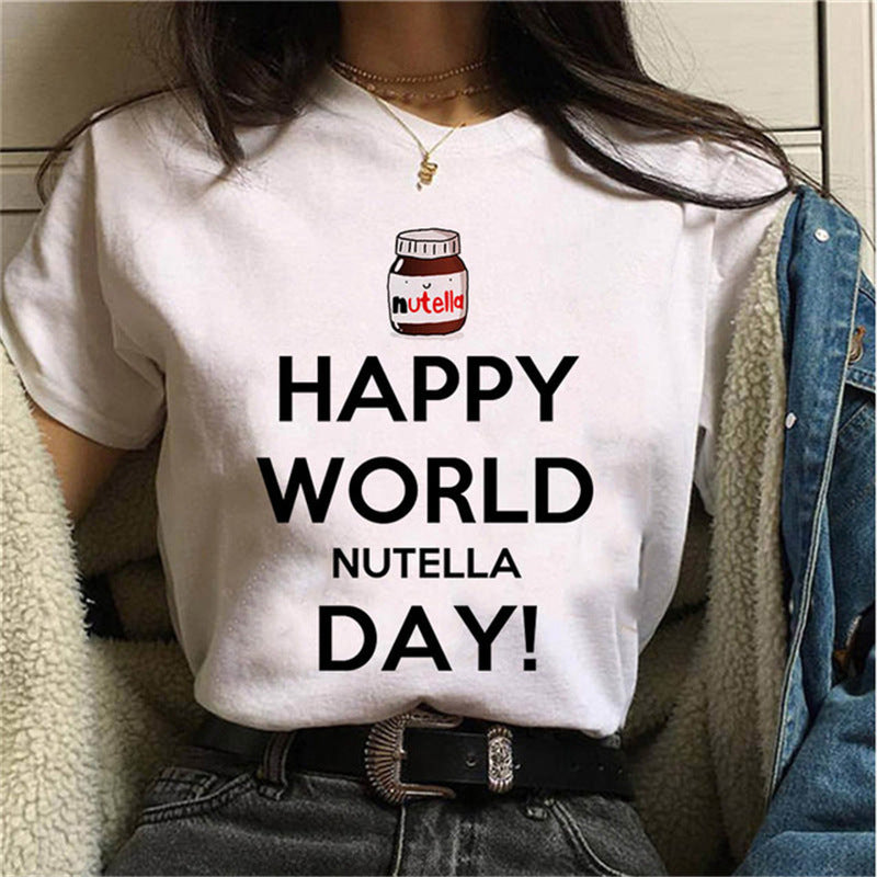 T-Shirt Short Sleeve Cute Cartoon Nutella Peanut Butter Printed Women's Top - Bellarte Enchanté T-Shirt Short Sleeve Cute Cartoon Nutella Peanut Butter Printed Women's Top