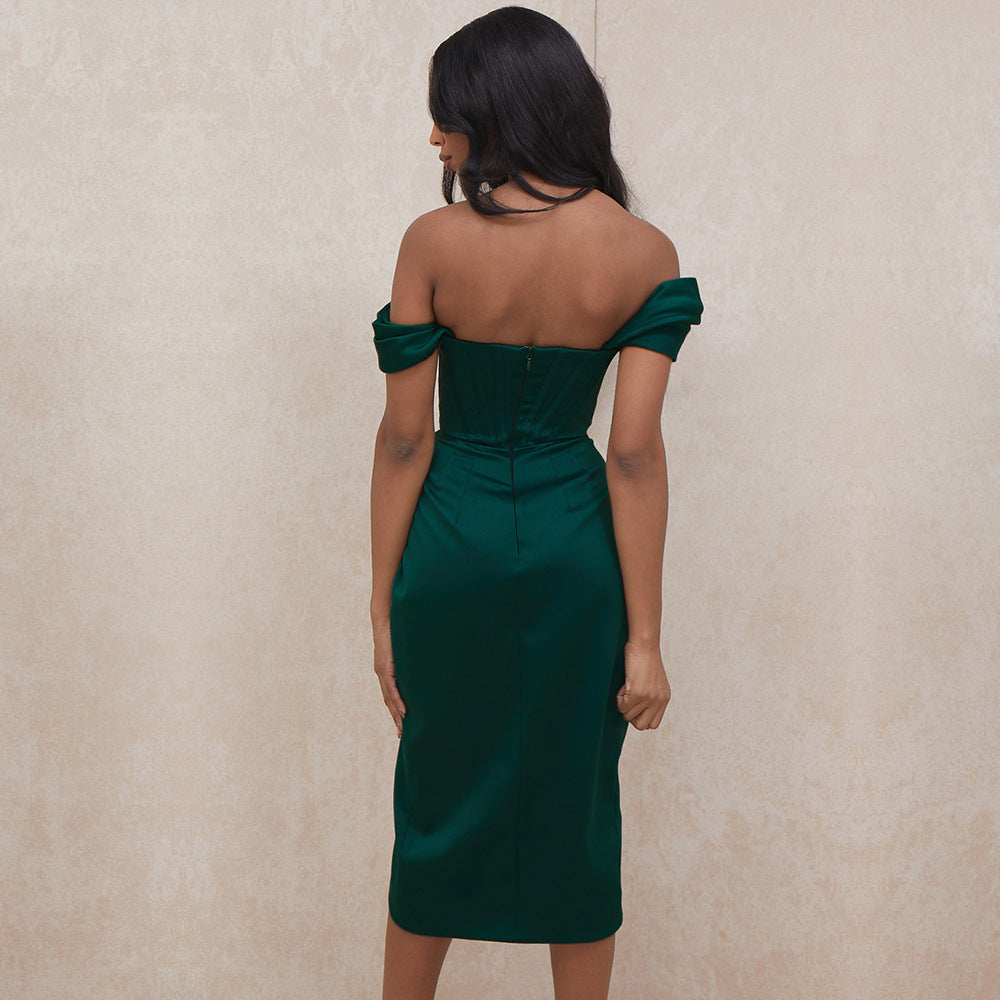 Temperament Split Fishbone Pattern Sexy Backless Off-shoulder Dress - Bellarte Enchanté Temperament Split Fishbone Pattern Sexy Backless Off-shoulder Dress