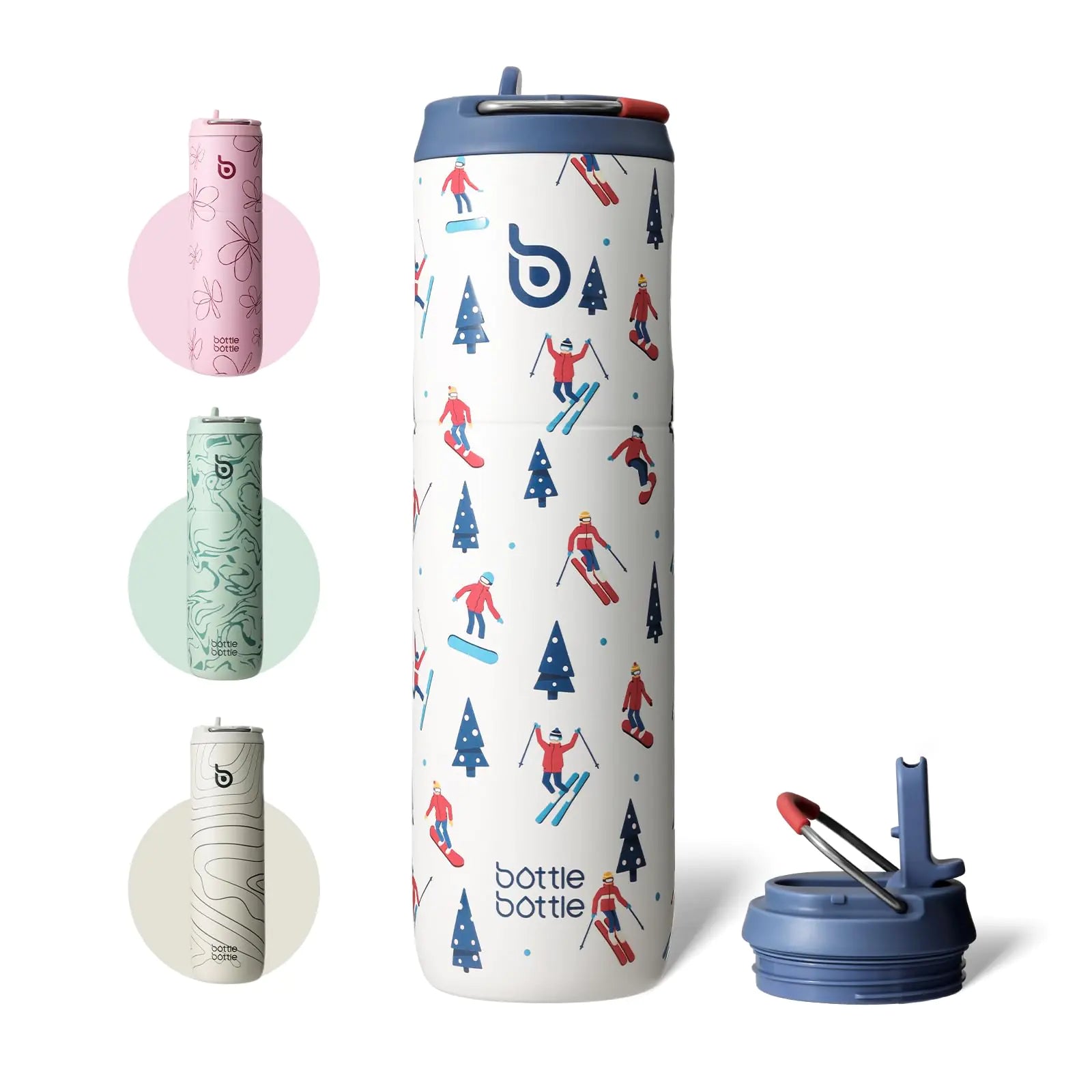 BOTTLE BOTTLE Insulated Water Bottle 24oz with Straw Lid and Handle for Sports Travel Gym Stainless Steel Water Bottles Double-Wall Vacuum Metal Thermos Leak Proof BPA-Free (Skiing)