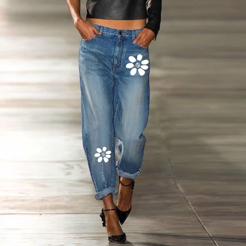 Top Straight Print Cut All-match Jeans - Bellarte Enchanté Top Straight Print Cut All-match Jeans