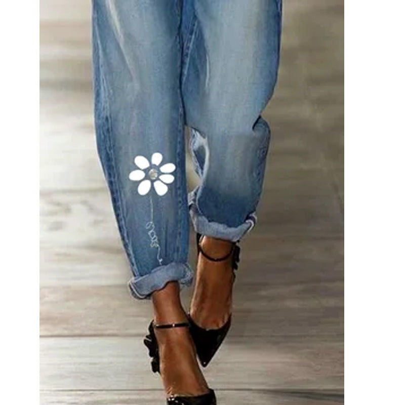 Top Straight Print Cut All-match Jeans - Bellarte Enchanté Top Straight Print Cut All-match Jeans