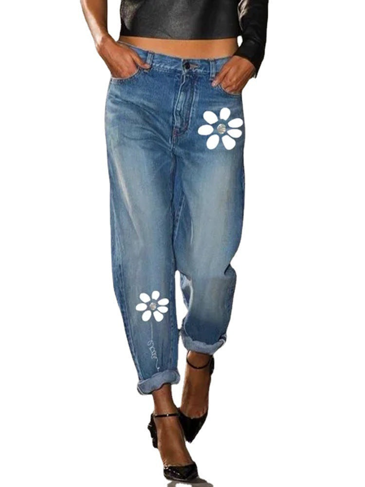 Top Straight Print Cut All-match Jeans - Bellarte Enchanté Top Straight Print Cut All-match Jeans