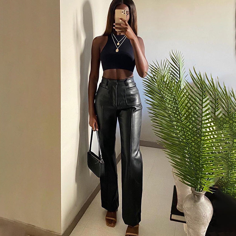 Two-pocket sexy slim PU leather pants - Bellarte Enchanté Two-pocket sexy slim PU leather pants