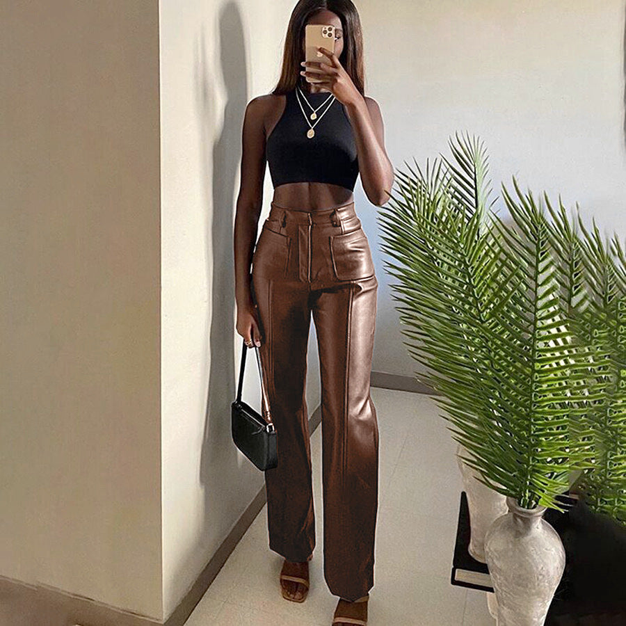 Two-pocket sexy slim PU leather pants - Bellarte Enchanté Two-pocket sexy slim PU leather pants
