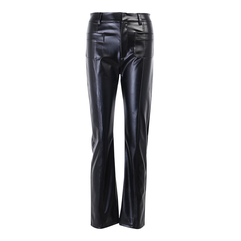 Two-pocket sexy slim PU leather pants - Bellarte Enchanté Two-pocket sexy slim PU leather pants