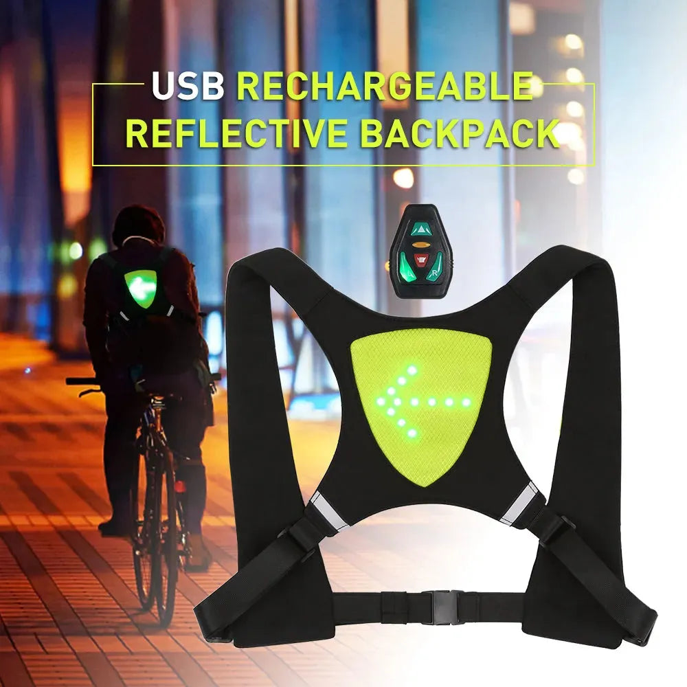 USB Rechargeable Reflective Vest Backpack with LED Turn Signal Light Remote Control Outdoor Sport Safety Bag Gear for Cycling - Bellarte Enchanté USB Rechargeable Reflective Vest Backpack with LED Turn Signal Light Remote Control Outdoor Sport Safety Bag Gear for Cycling