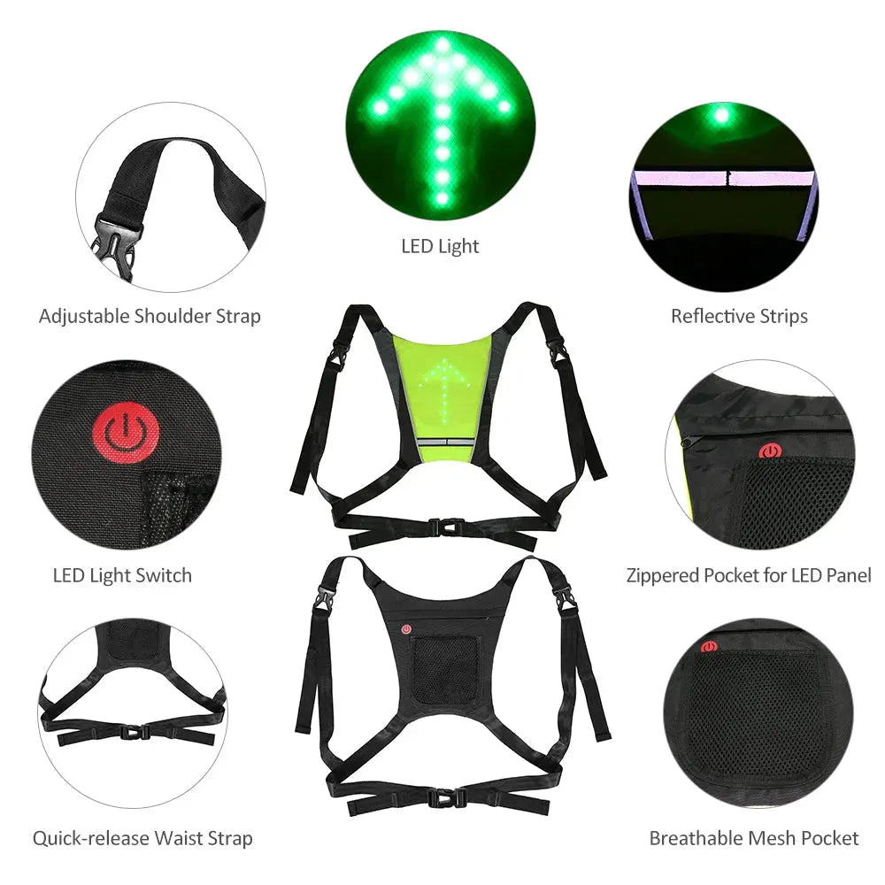 USB Rechargeable Reflective Vest Backpack with LED Turn Signal Light Remote Control Outdoor Sport Safety Bag Gear for Cycling - Bellarte Enchanté USB Rechargeable Reflective Vest Backpack with LED Turn Signal Light Remote Control Outdoor Sport Safety Bag Gear for Cycling