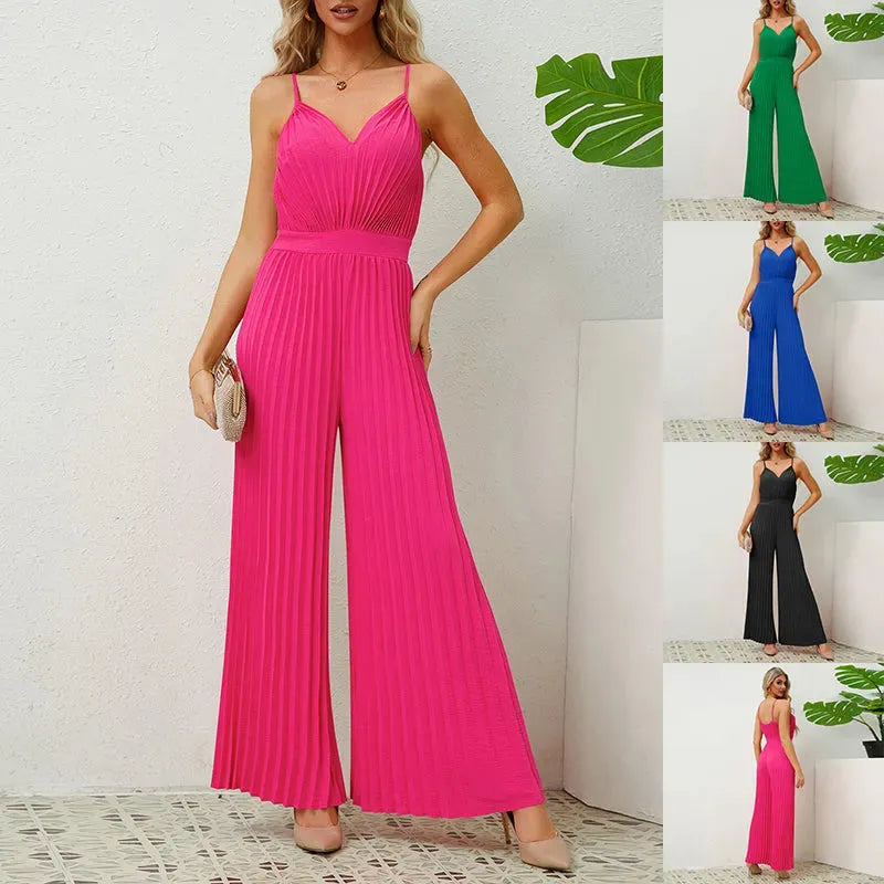 V-neck Suspender Pleated Jumpsuit Solid Color Loose Straight Pants Womens Clothing - Bellarte Enchanté V-neck Suspender Pleated Jumpsuit Solid Color Loose Straight Pants Womens Clothing