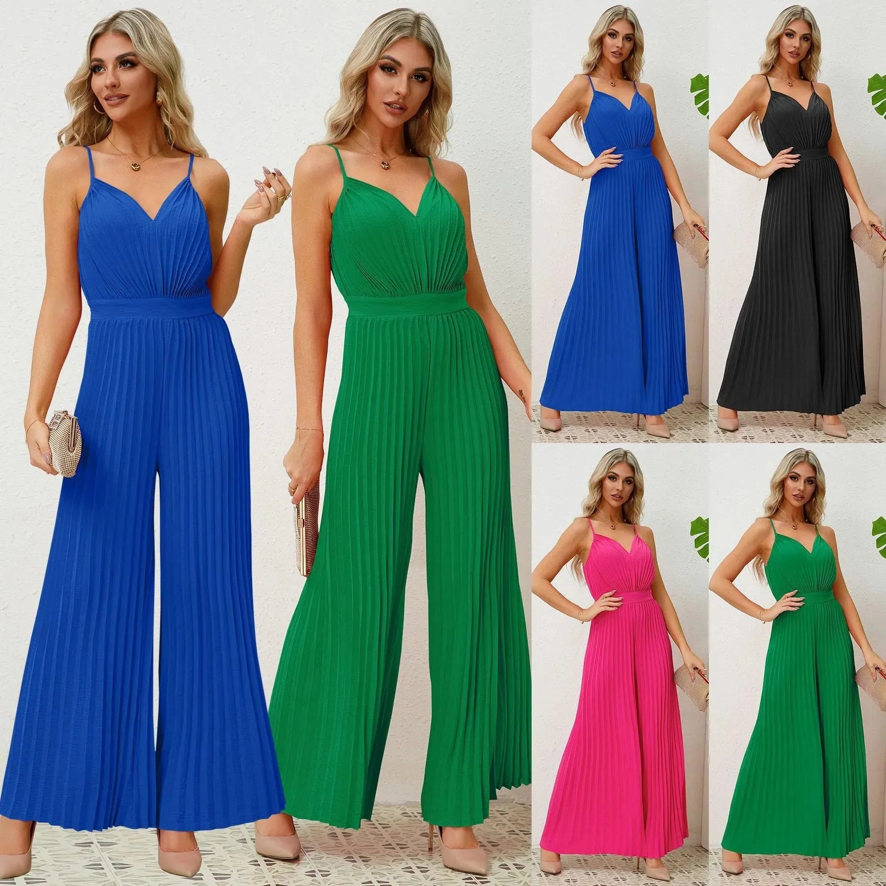 V-neck Suspender Pleated Jumpsuit Solid Color Loose Straight Pants Womens Clothing - Bellarte Enchanté V-neck Suspender Pleated Jumpsuit Solid Color Loose Straight Pants Womens Clothing