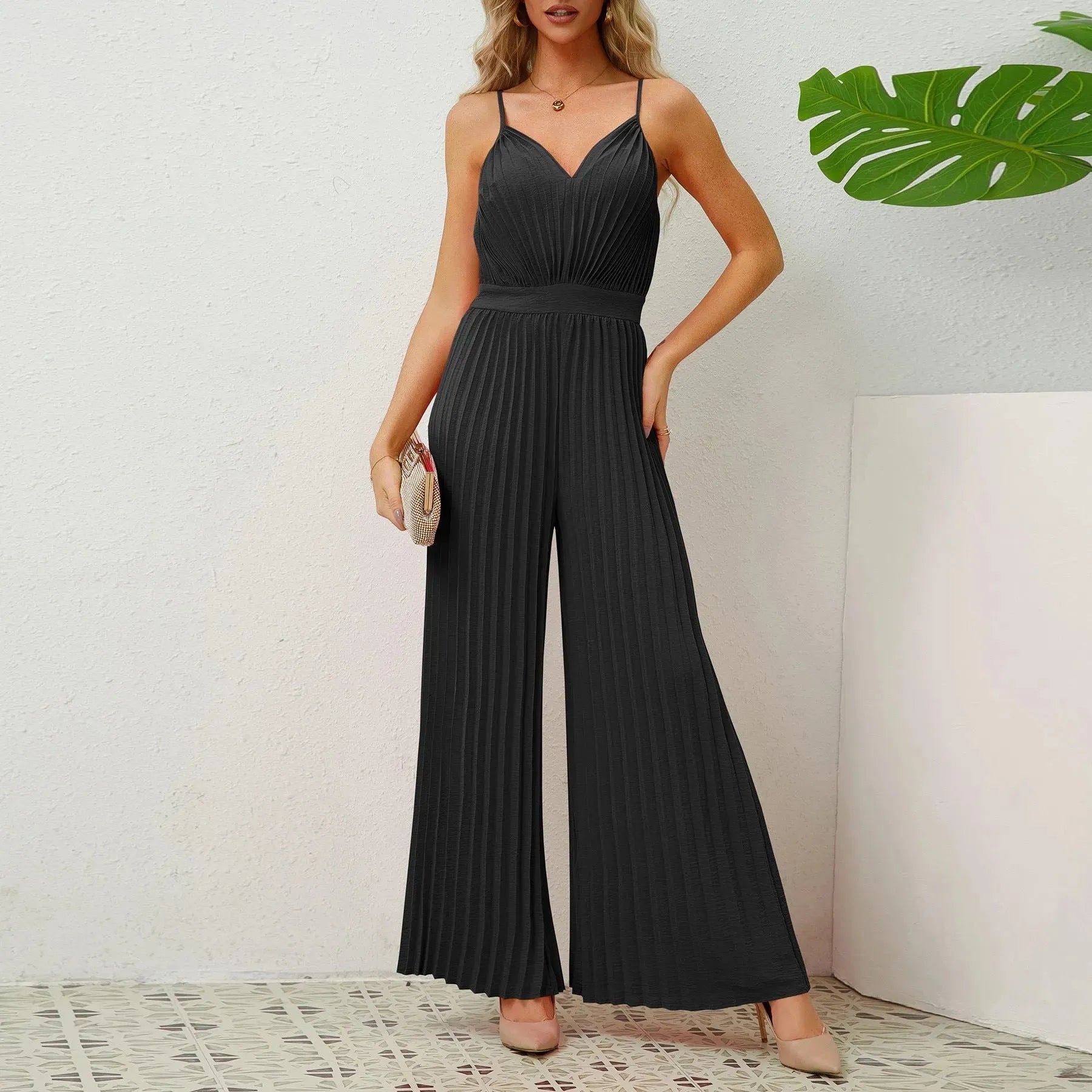 V-neck Suspender Pleated Jumpsuit Solid Color Loose Straight Pants Womens Clothing - Bellarte Enchanté V-neck Suspender Pleated Jumpsuit Solid Color Loose Straight Pants Womens Clothing
