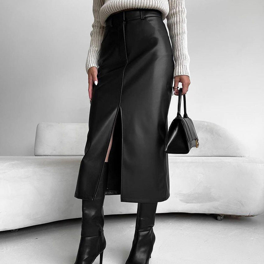 Vintage Fleece-lined PU Leather Leather Skirt - Bellarte Enchanté Vintage Fleece-lined PU Leather Leather Skirt
