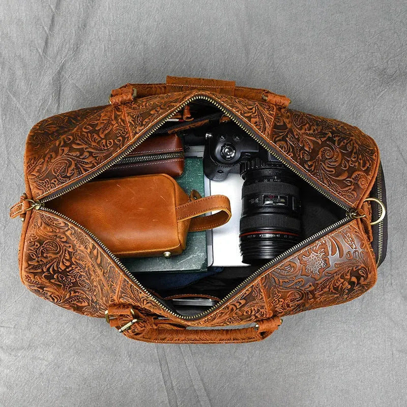 Vintage Print Crazy Horse Leather Handbag - Bellarte Enchanté Vintage Print Crazy Horse Leather Handbag