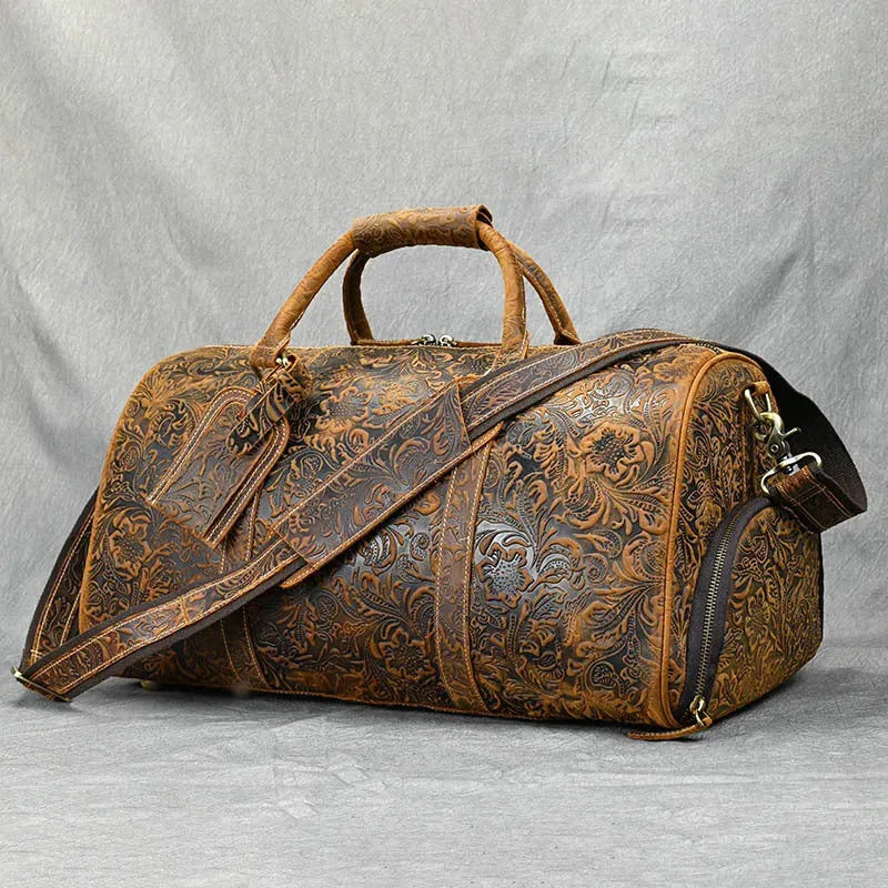 Vintage Print Crazy Horse Leather Handbag - Bellarte Enchanté Vintage Print Crazy Horse Leather Handbag