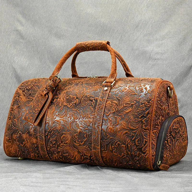 Vintage Print Crazy Horse Leather Handbag - Bellarte Enchanté Vintage Print Crazy Horse Leather Handbag