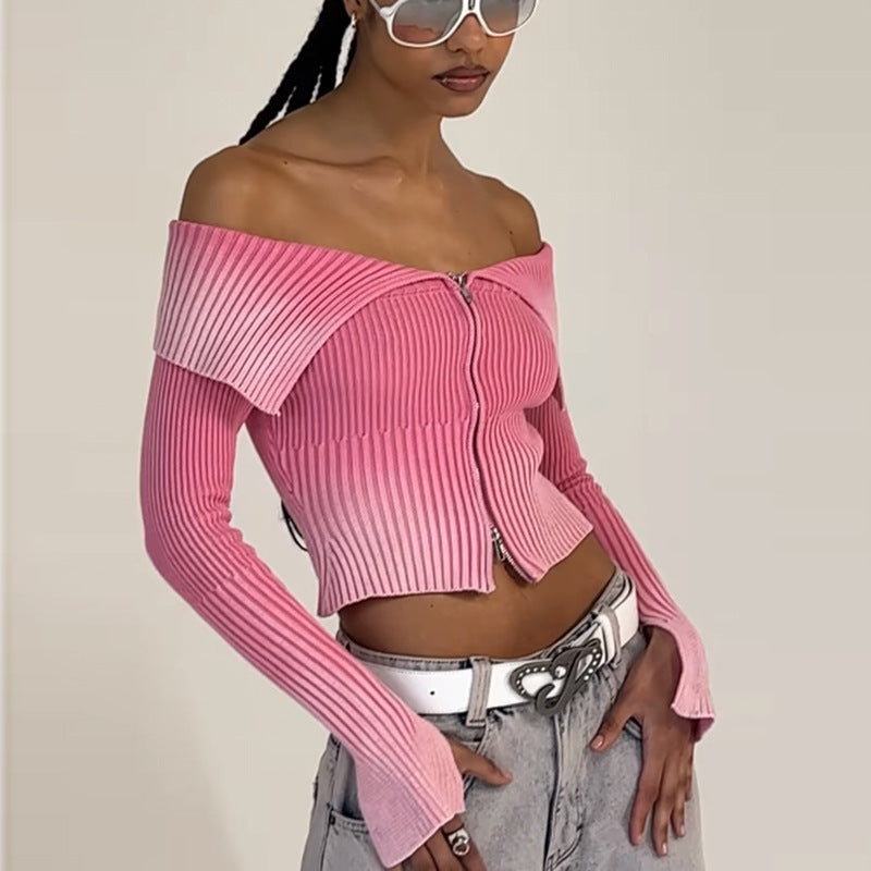 Vintage Zipper Off-shoulder Lapel Sweater For Women - Bellarte Enchanté Vintage Zipper Off-shoulder Lapel Sweater For Women