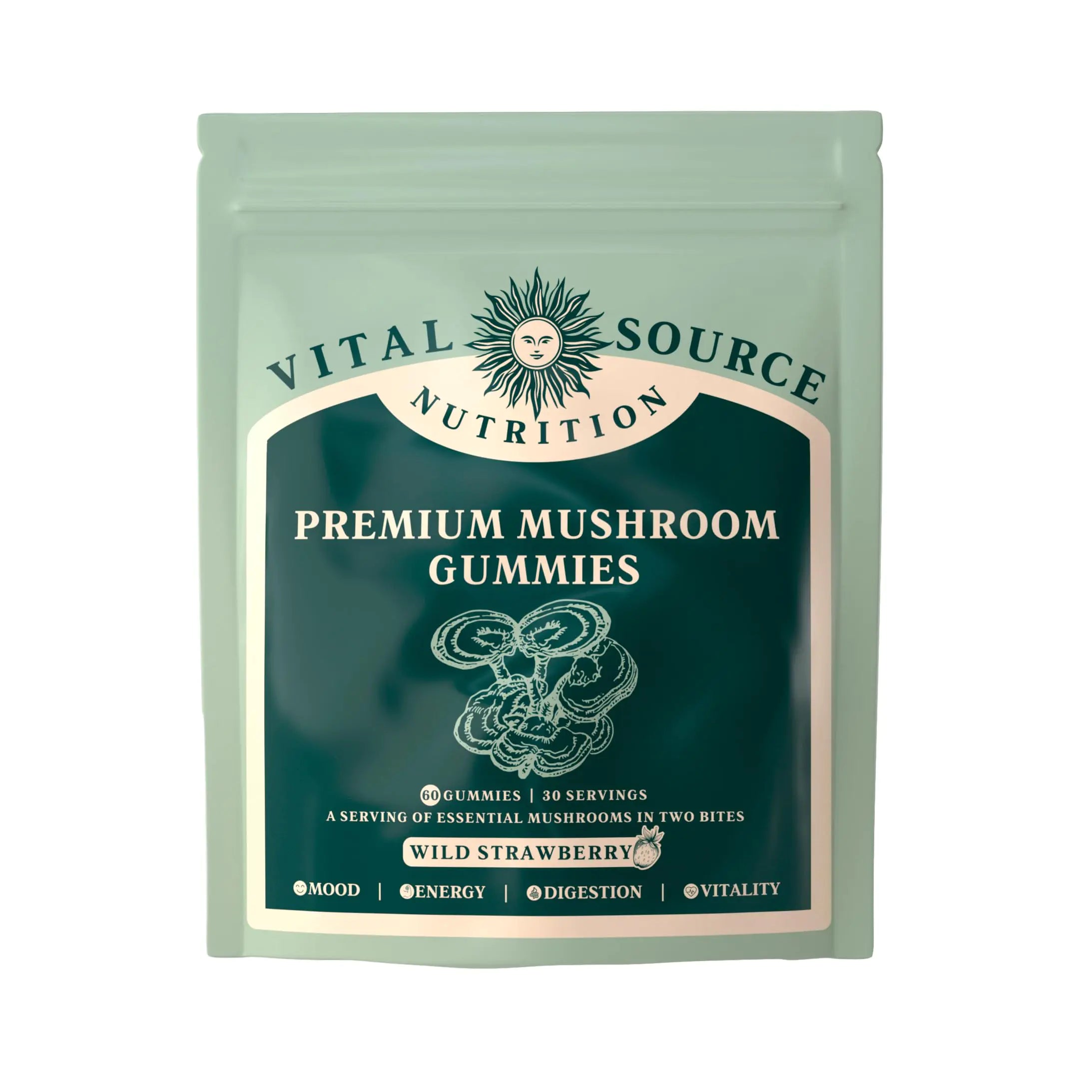 Vital Source Nutrition - Premium Mushroom Gummies - Vitality Digestion & Energy Support - 10 Types of Premium Mushrooms - Vegan Gluten-Free & Halal - Wild Strawberry - 60 Gummies - 30 Servings