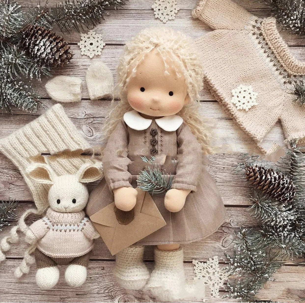 Waldorf Handmade Plush Doll With Curly Hair Girl - Bellarte Enchanté Waldorf Handmade Plush Doll With Curly Hair Girl