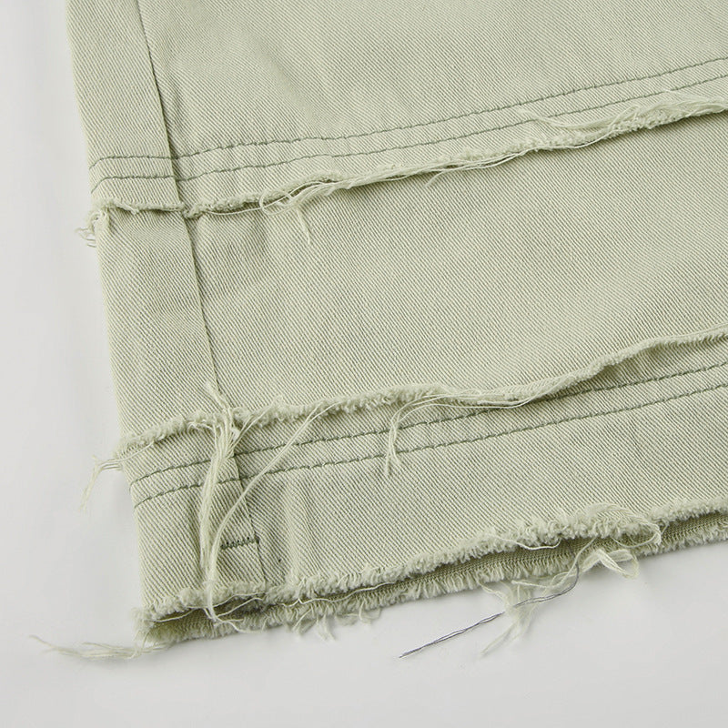 Washed Contrast Color Irregular Denim Skirt Frayed Pocket Slit - Bellarte Enchanté Washed Contrast Color Irregular Denim Skirt Frayed Pocket Slit