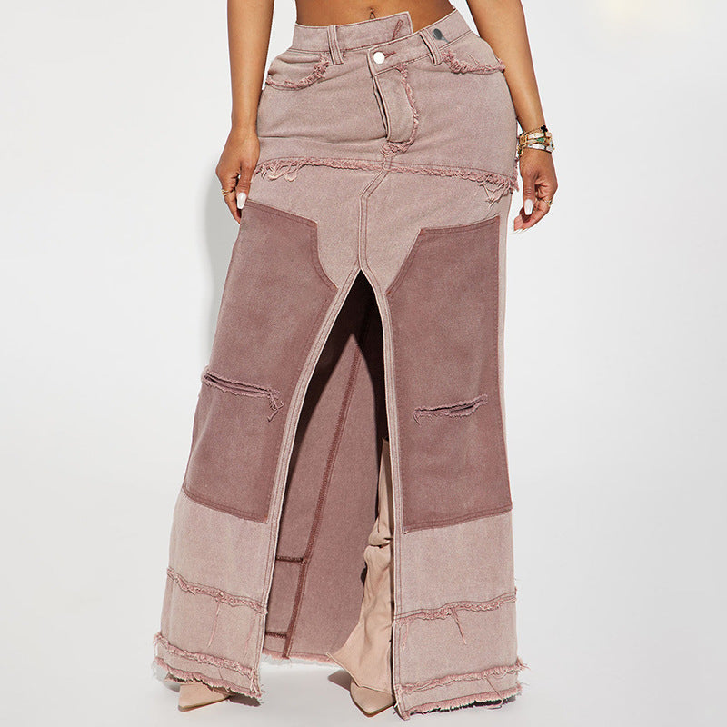 Washed Contrast Color Irregular Denim Skirt Frayed Pocket Slit - Bellarte Enchanté Washed Contrast Color Irregular Denim Skirt Frayed Pocket Slit