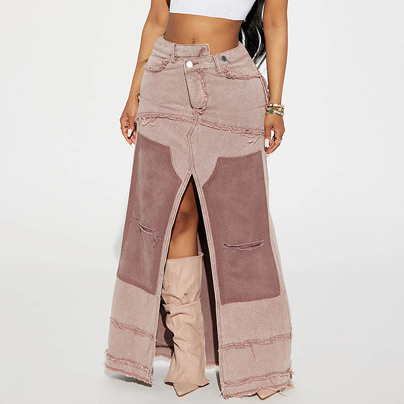 Washed Contrast Color Irregular Denim Skirt Frayed Pocket Slit - Bellarte Enchanté Washed Contrast Color Irregular Denim Skirt Frayed Pocket Slit