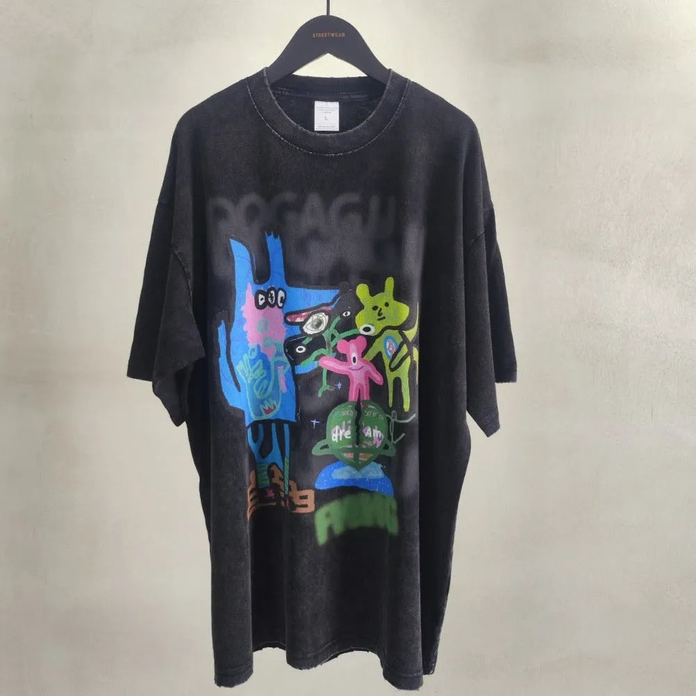 Washed Old Graffiti Printing High Street T-Shirt - Bellarte Enchanté Washed Old Graffiti Printing High Street T-Shirt