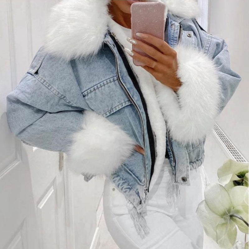 Washed White Short Denim Fur Integrated Jacket - Bellarte Enchanté Washed White Short Denim Fur Integrated Jacket