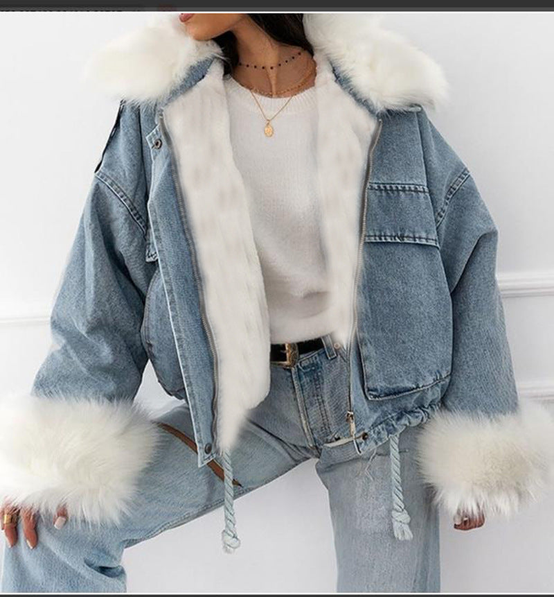 Washed White Short Denim Fur Integrated Jacket - Bellarte Enchanté Washed White Short Denim Fur Integrated Jacket