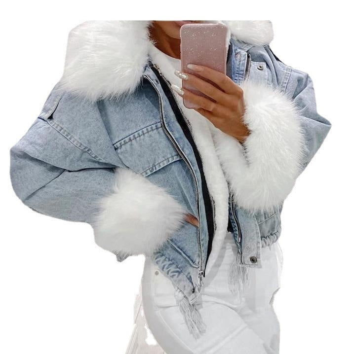 Washed White Short Denim Fur Integrated Jacket - Bellarte Enchanté Washed White Short Denim Fur Integrated Jacket