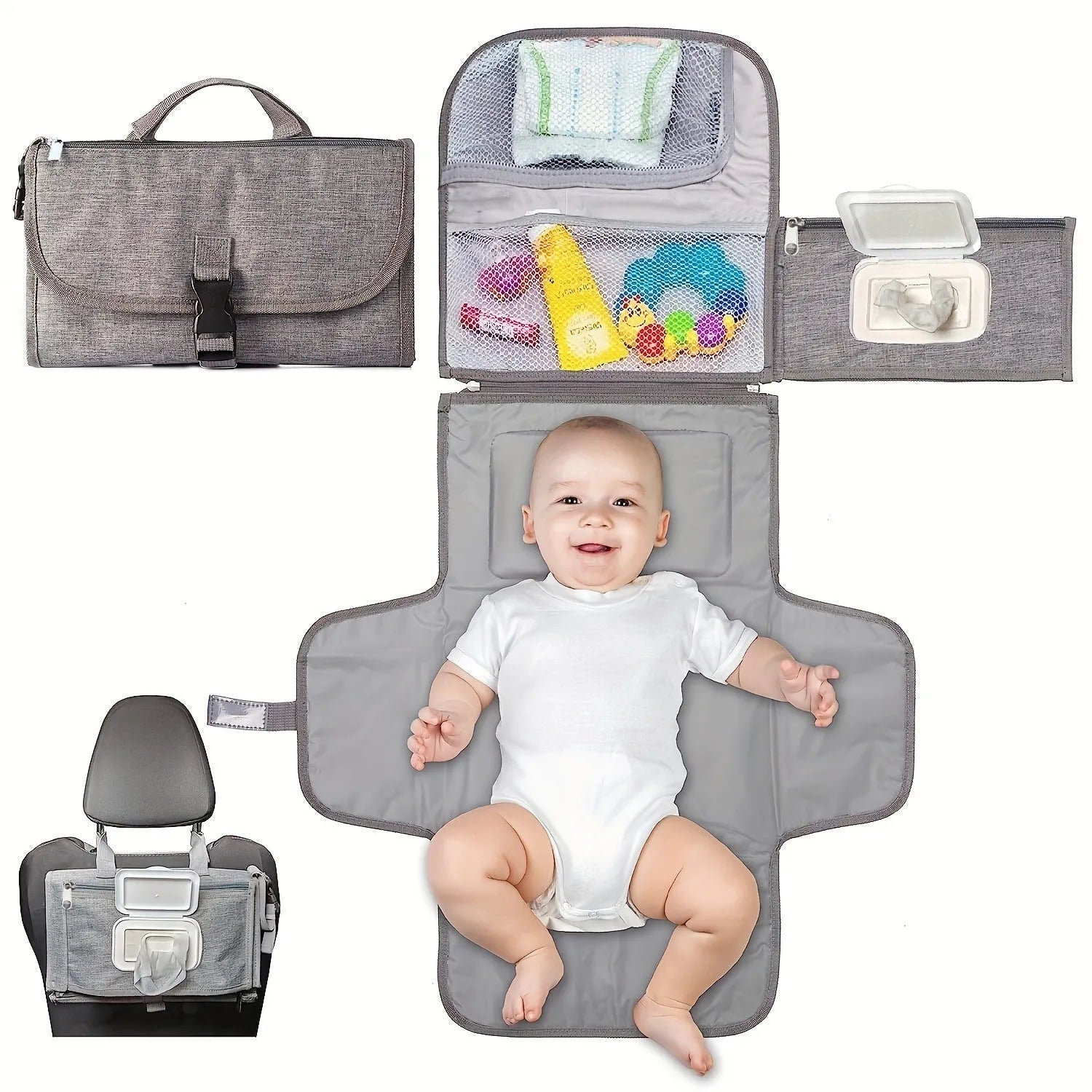 Waterproof Portable Diaper Changing Pad With Head Cushion And Smart Wipes - Bellarte Enchanté Waterproof Portable Diaper Changing Pad With Head Cushion And Smart Wipes