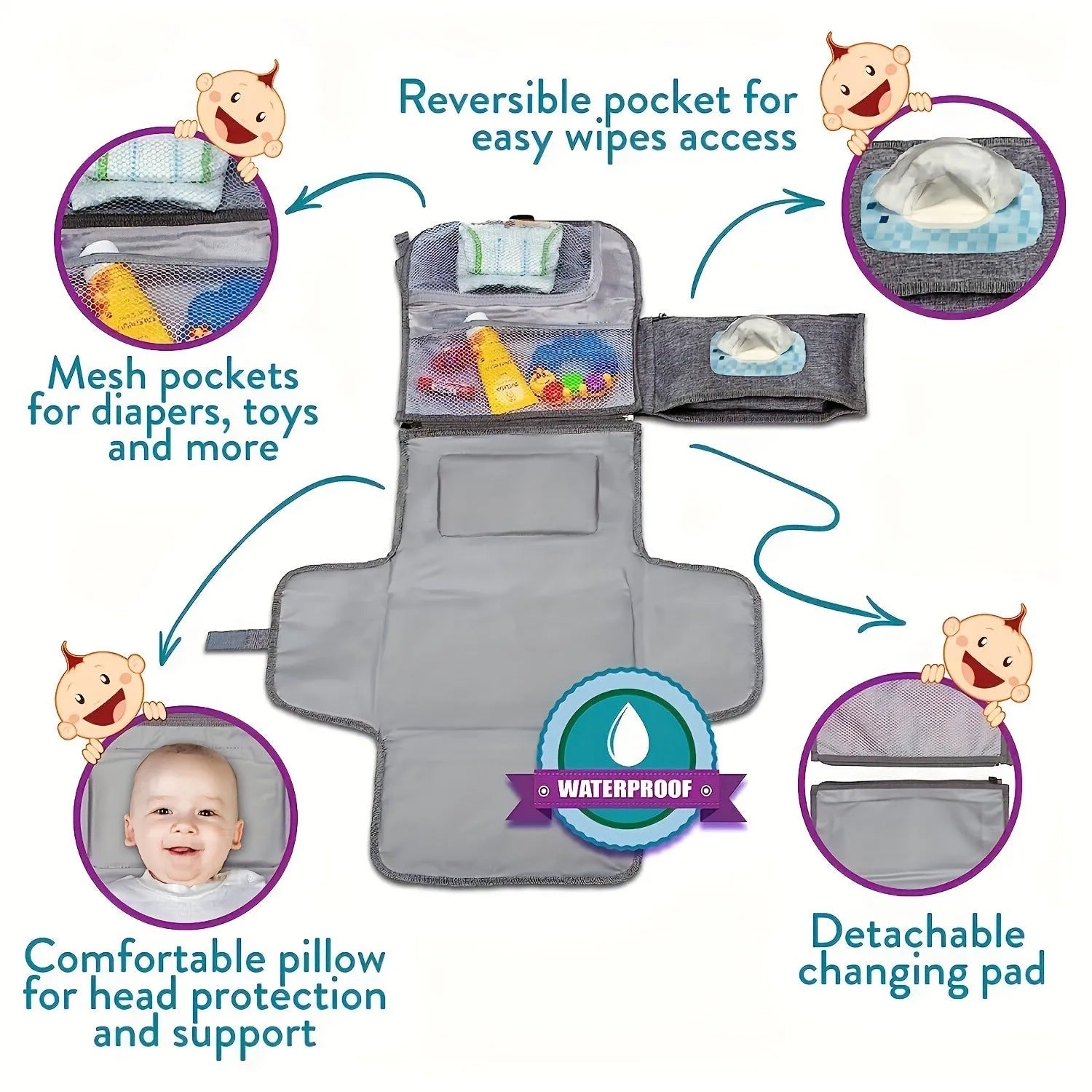 Waterproof Portable Diaper Changing Pad With Head Cushion And Smart Wipes - Bellarte Enchanté Waterproof Portable Diaper Changing Pad With Head Cushion And Smart Wipes