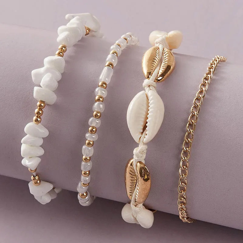 White Small Gravel Beach Shell Rice Beads Braided Anklet - Bellarte Enchanté White Small Gravel Beach Shell Rice Beads Braided Anklet