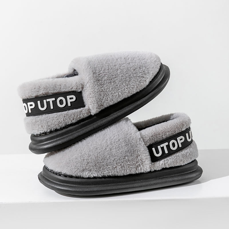 Winter Letter Cotton Shoes With Heel Garden Outdoor Indoor Floor Home Slippers Thick-soled Plush Slippers Women Men Couple - Bellarte Enchanté Winter Letter Cotton Shoes With Heel Garden Outdoor Indoor Floor Home Slippers Thick-soled Plush Slippers Women Men Couple