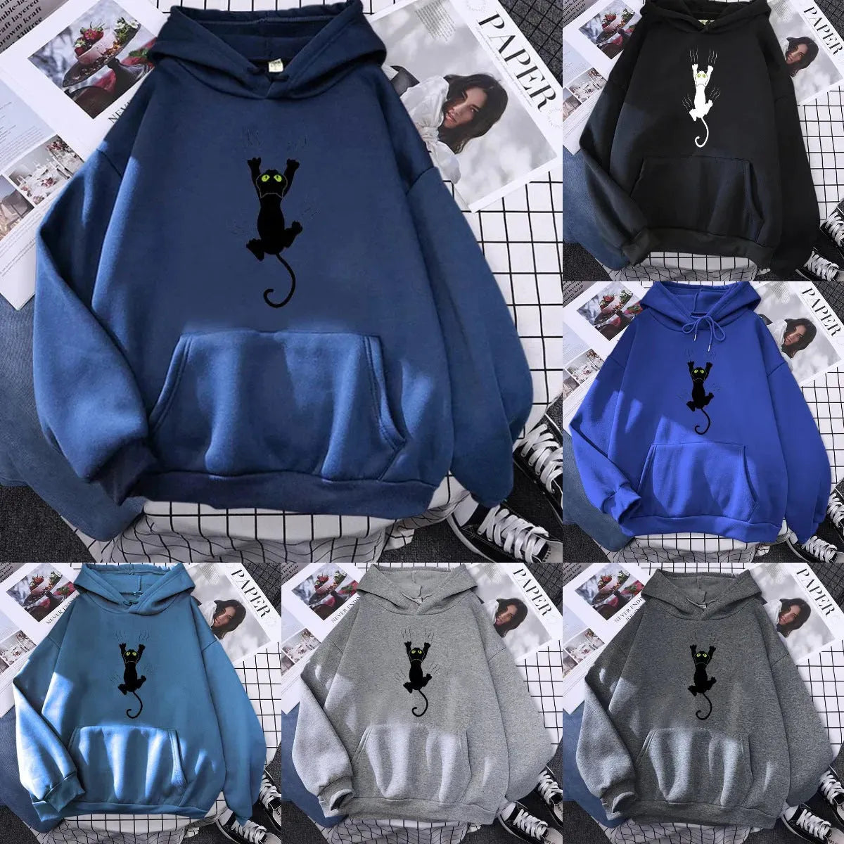 Women's Black Cat Cartoon Printed Hoodie - Bellarte Enchanté Women's Black Cat Cartoon Printed Hoodie