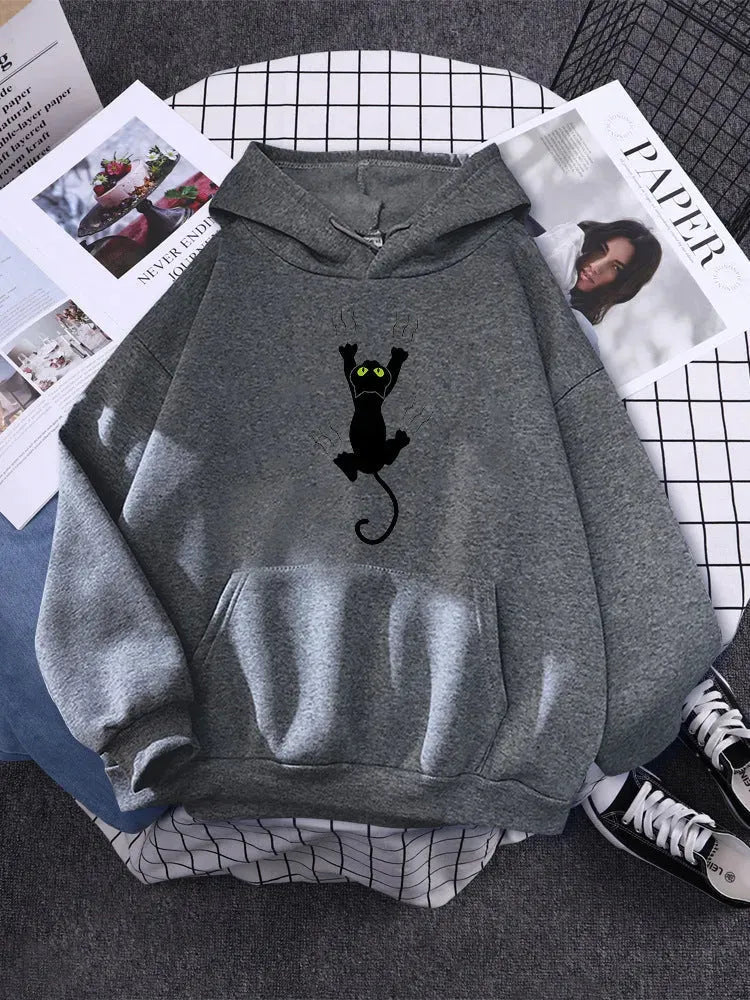 Women's Black Cat Cartoon Printed Hoodie - Bellarte Enchanté Women's Black Cat Cartoon Printed Hoodie