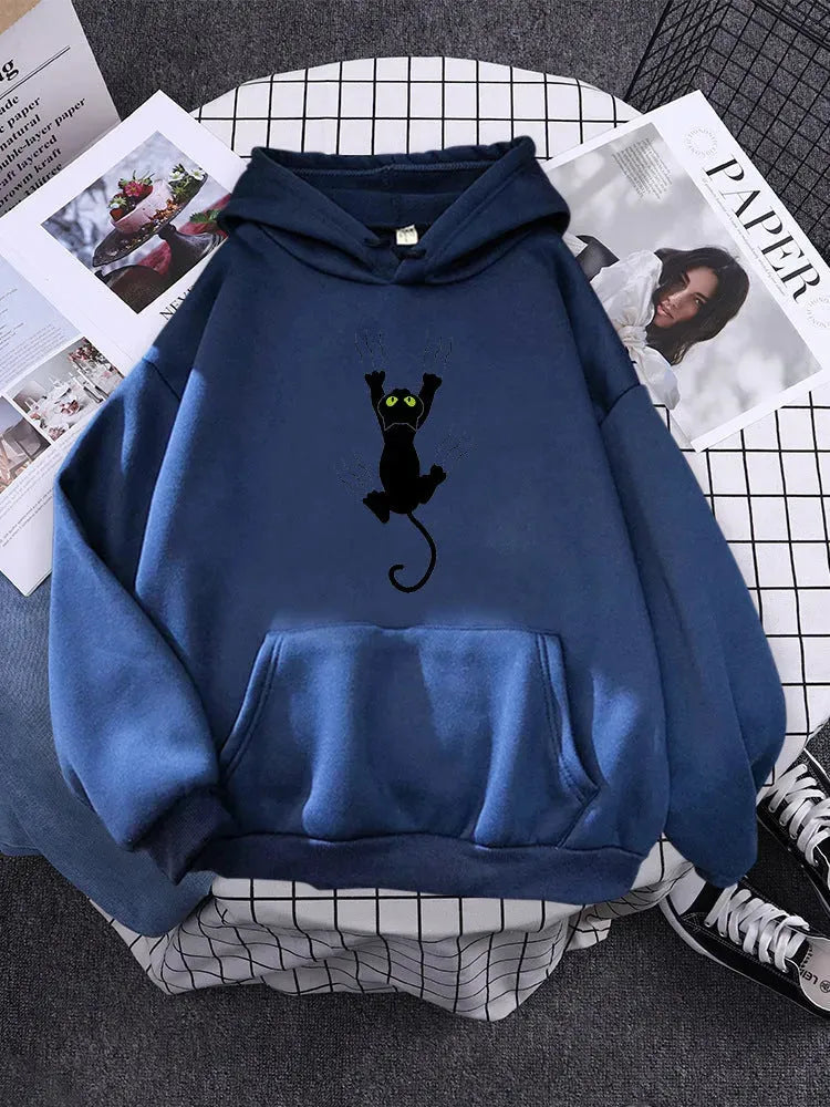 Women's Black Cat Cartoon Printed Hoodie - Bellarte Enchanté Women's Black Cat Cartoon Printed Hoodie