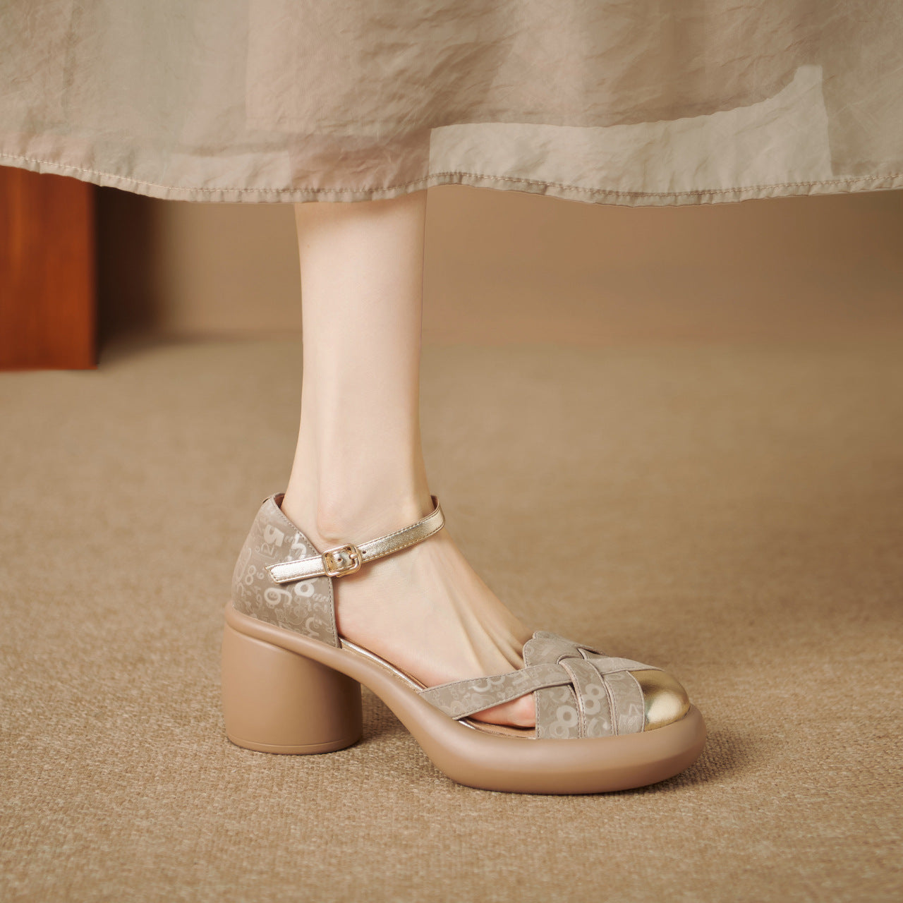 Women's Chunky Heel Soft Leather Thick Bottom Apricot - Bellarte Enchanté Women's Chunky Heel Soft Leather Thick Bottom Apricot