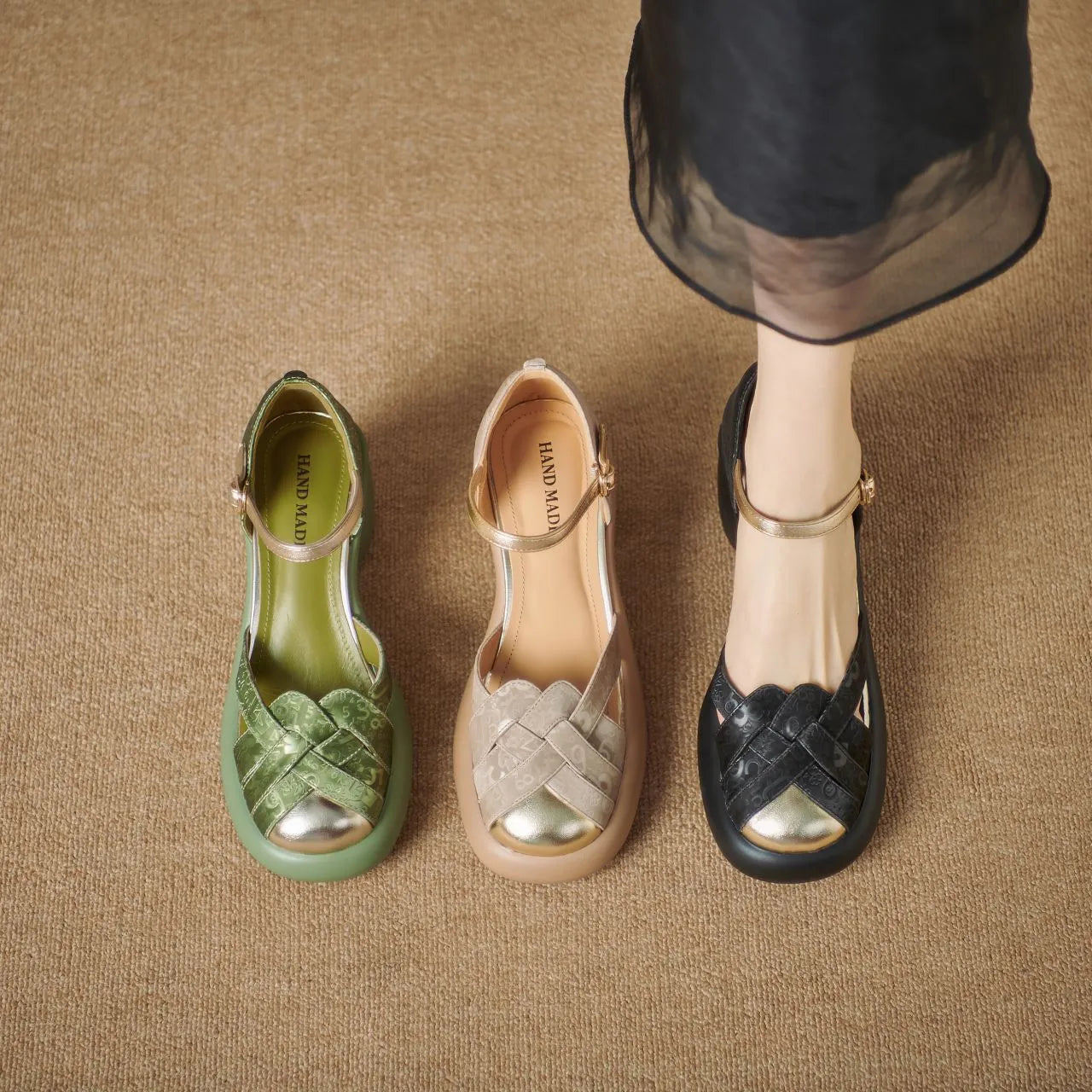 Women's Chunky Heel Soft Leather Thick Bottom Apricot - Bellarte Enchanté Women's Chunky Heel Soft Leather Thick Bottom Apricot