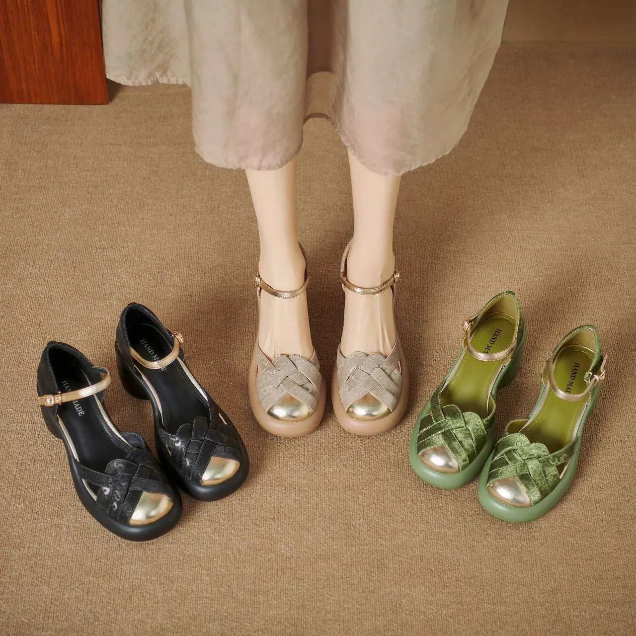 Women's Chunky Heel Soft Leather Thick Bottom Apricot - Bellarte Enchanté Women's Chunky Heel Soft Leather Thick Bottom Apricot