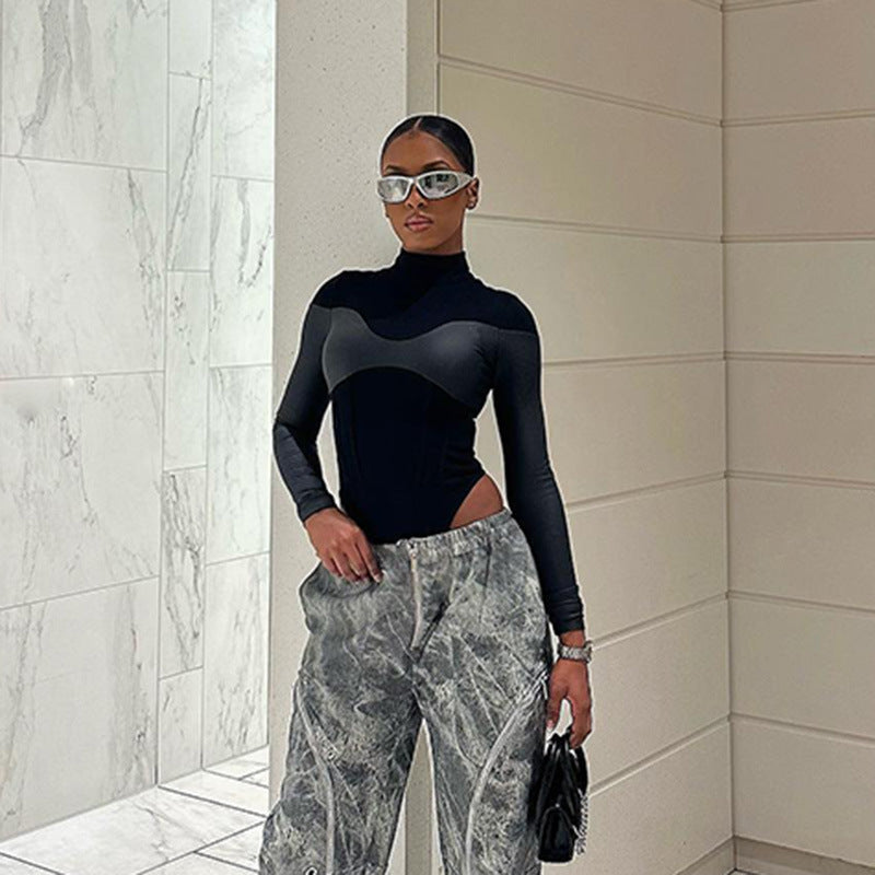 Women's Clothing Jumpsuit PU Patchwork Turtleneck - Bellarte Enchanté Women's Clothing Jumpsuit PU Patchwork Turtleneck