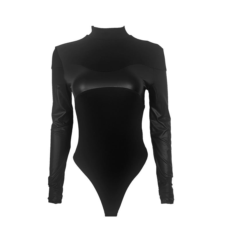 Women's Clothing Jumpsuit PU Patchwork Turtleneck - Bellarte Enchanté Women's Clothing Jumpsuit PU Patchwork Turtleneck
