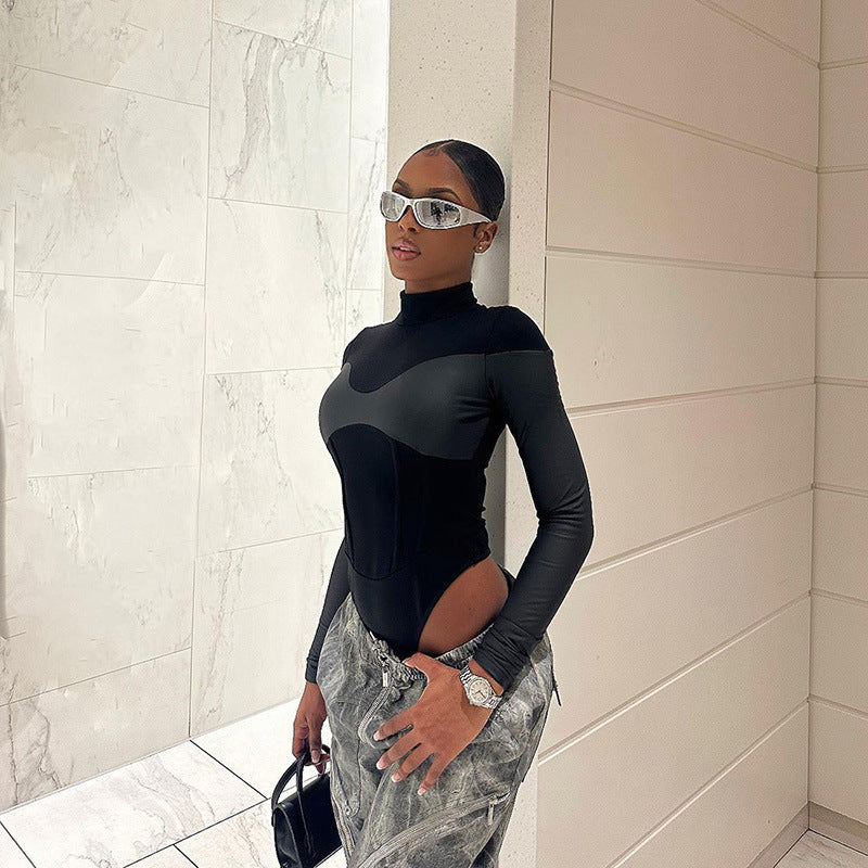 Women's Clothing Jumpsuit PU Patchwork Turtleneck - Bellarte Enchanté Women's Clothing Jumpsuit PU Patchwork Turtleneck