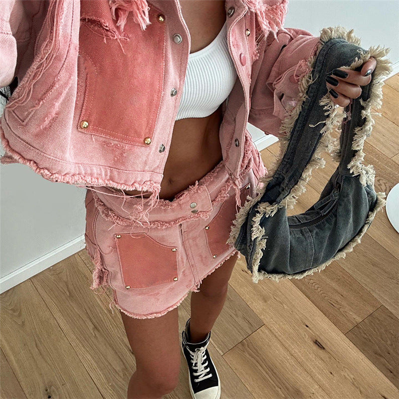 Women's Fashion Leisure Cargo Contrast Color Lapels Slim Denim Jacket - Bellarte Enchanté Women's Fashion Leisure Cargo Contrast Color Lapels Slim Denim Jacket