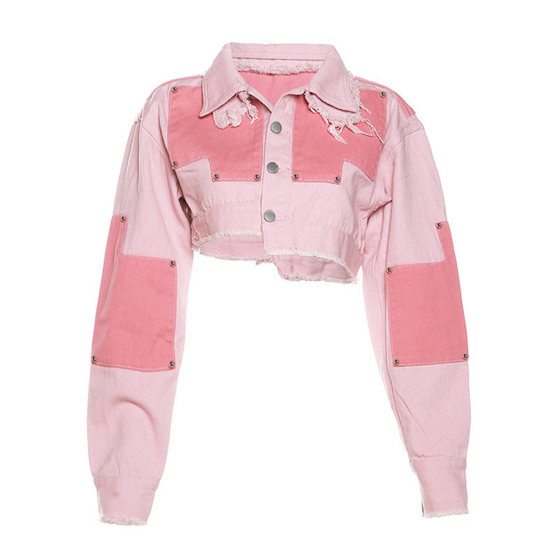 Women's Fashion Leisure Cargo Contrast Color Lapels Slim Denim Jacket - Bellarte Enchanté Women's Fashion Leisure Cargo Contrast Color Lapels Slim Denim Jacket