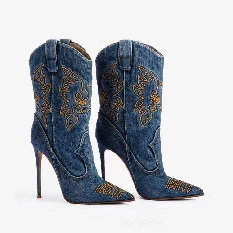 Women's Fashion Western Denim Style High-heel Boots - Bellarte Enchanté Women's Fashion Western Denim Style High-heel Boots