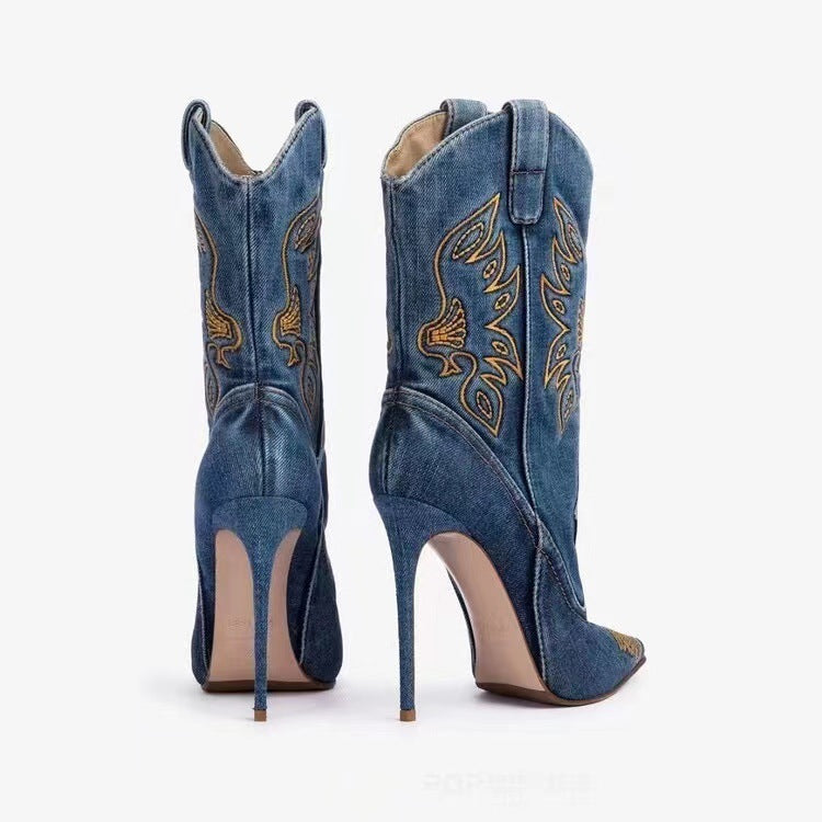 Women's Fashion Western Denim Style High-heel Boots - Bellarte Enchanté Women's Fashion Western Denim Style High-heel Boots