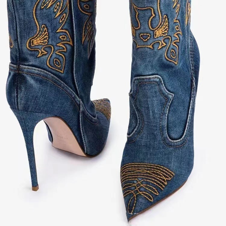 Women's Fashion Western Denim Style High-heel Boots - Bellarte Enchanté Women's Fashion Western Denim Style High-heel Boots