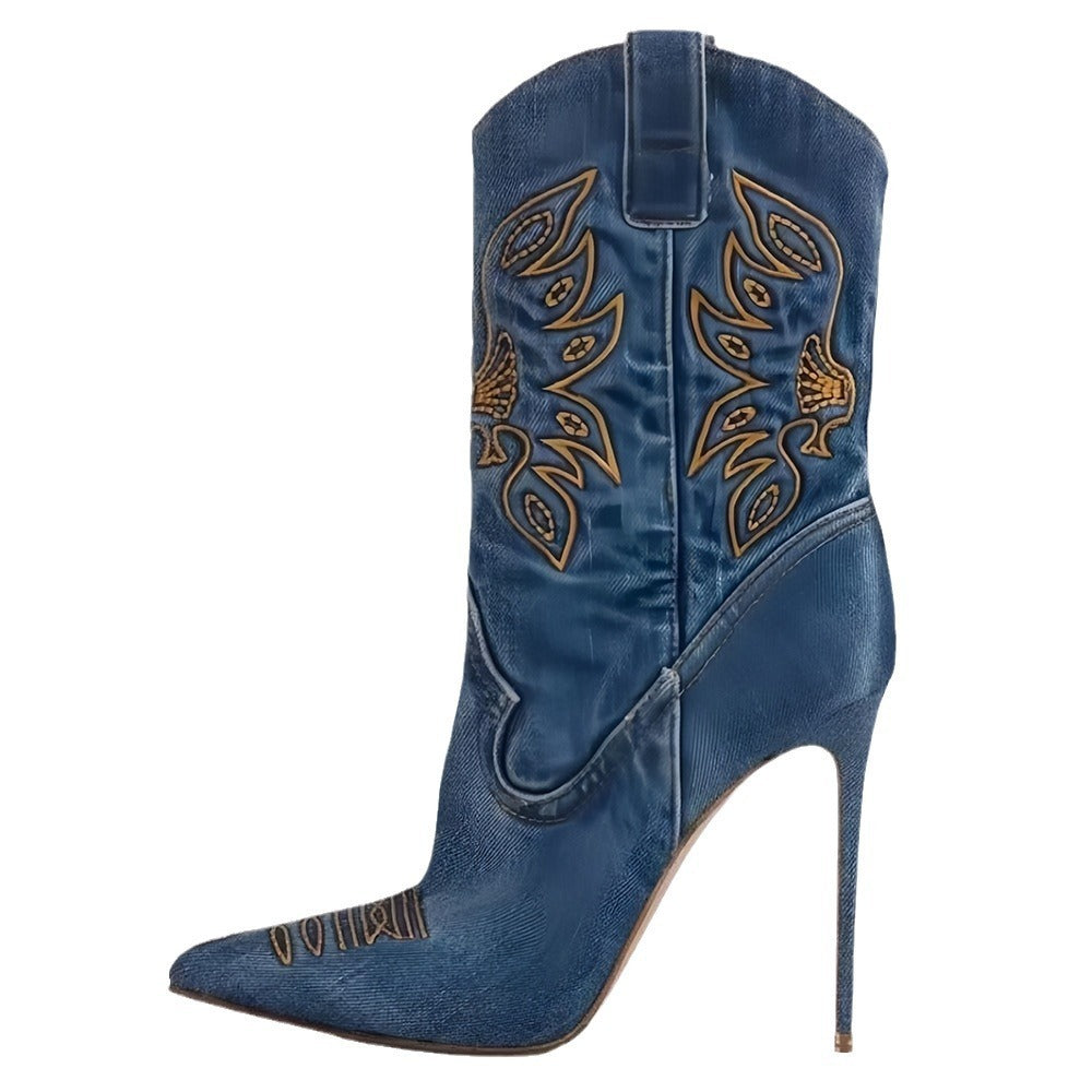 Women's Fashion Western Denim Style High-heel Boots - Bellarte Enchanté Women's Fashion Western Denim Style High-heel Boots