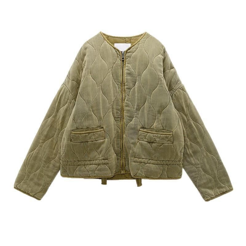 Women's Fashionable Loose Diamond Pattern Round Neck Loose Cotton Coat - Bellarte Enchanté Women's Fashionable Loose Diamond Pattern Round Neck Loose Cotton Coat